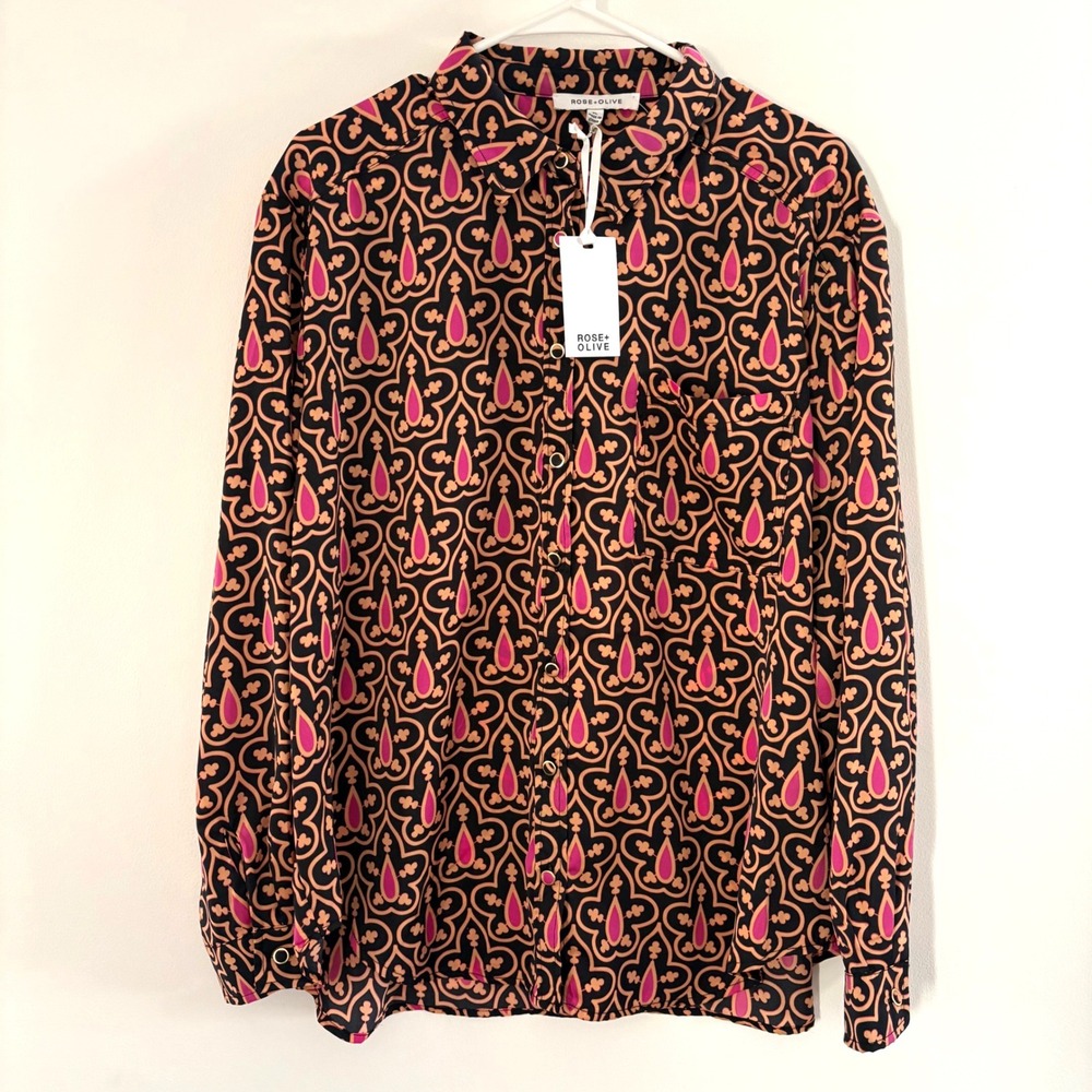 NEW Rose + Olive Womens XL Geometric Print Long Sleeve Button Up Blouse Artsy - Picture 1 of 8